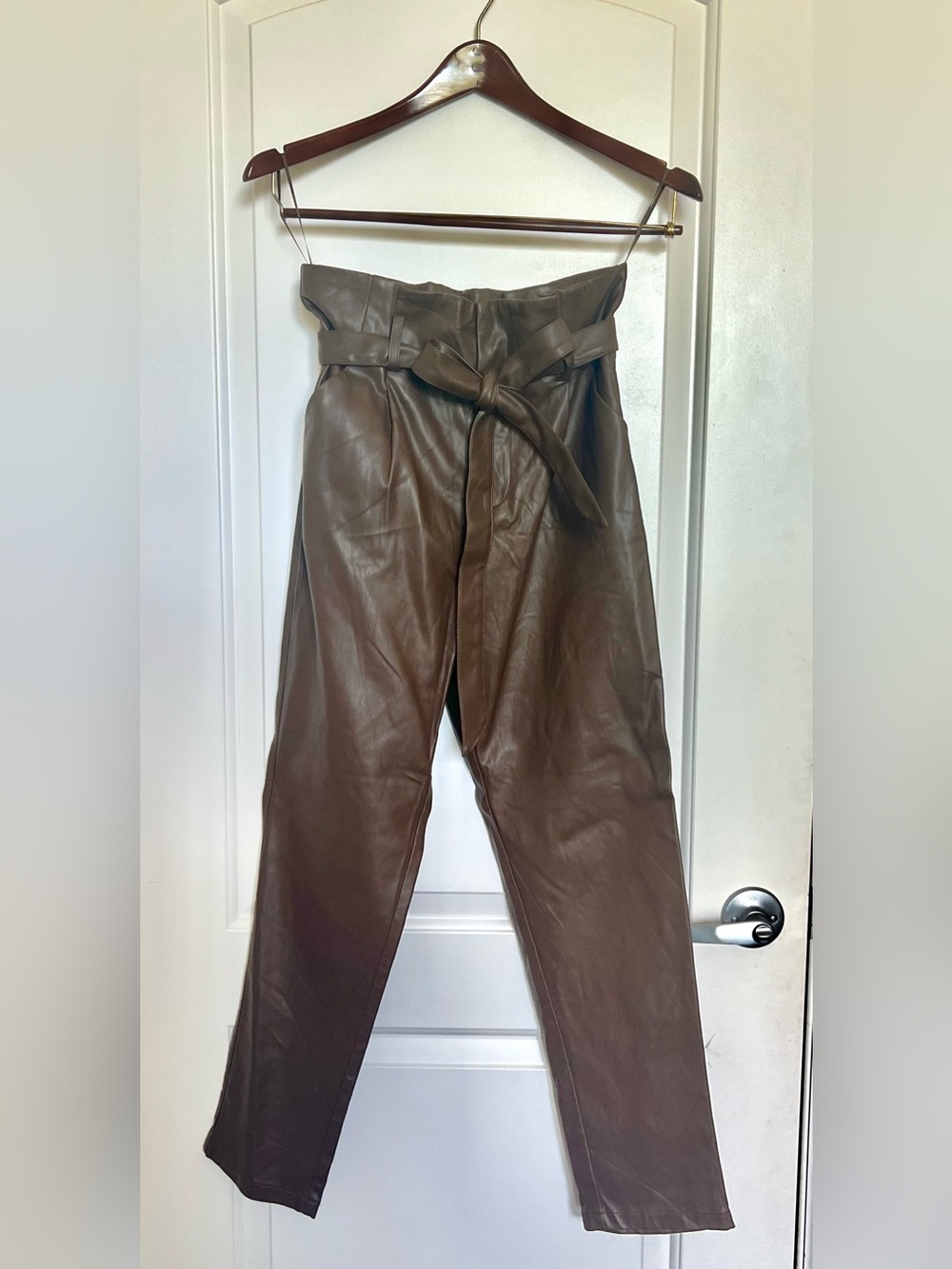 NWT Lucy Paris Faux Leather Brown Paperbag Waist Bow Belt Pants Size S $98